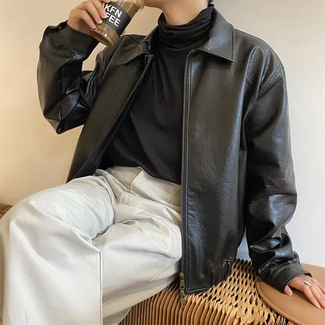 Voguable  Men's Clothing Autumn New Oversize Coat Korean Trend Loose Casual PU Leather Jacket Coat Male Zipper Lapel Clothes 9Y4382