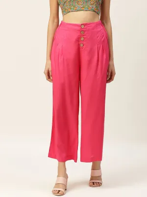 Women Fuchsia Front Button Pleated Culottes