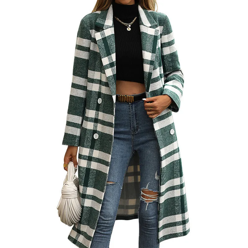 Women Oversized Double Breasted Plaid Tweed Overcoats