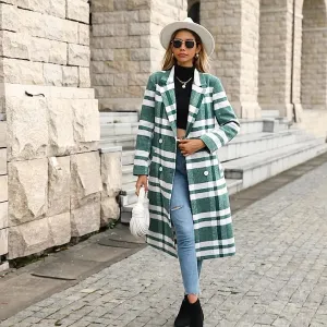 Women Oversized Double Breasted Plaid Tweed Overcoats