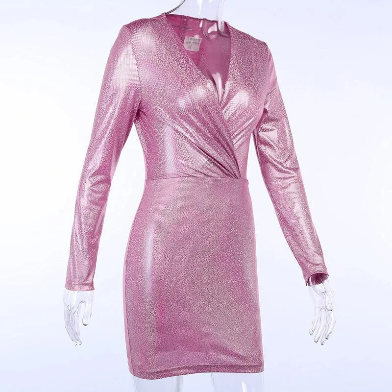 Women's Autumn V-Neck Ruched Elastic Shining Dress