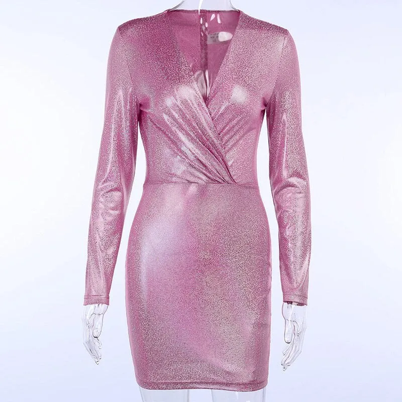 Women's Autumn V-Neck Ruched Elastic Shining Dress