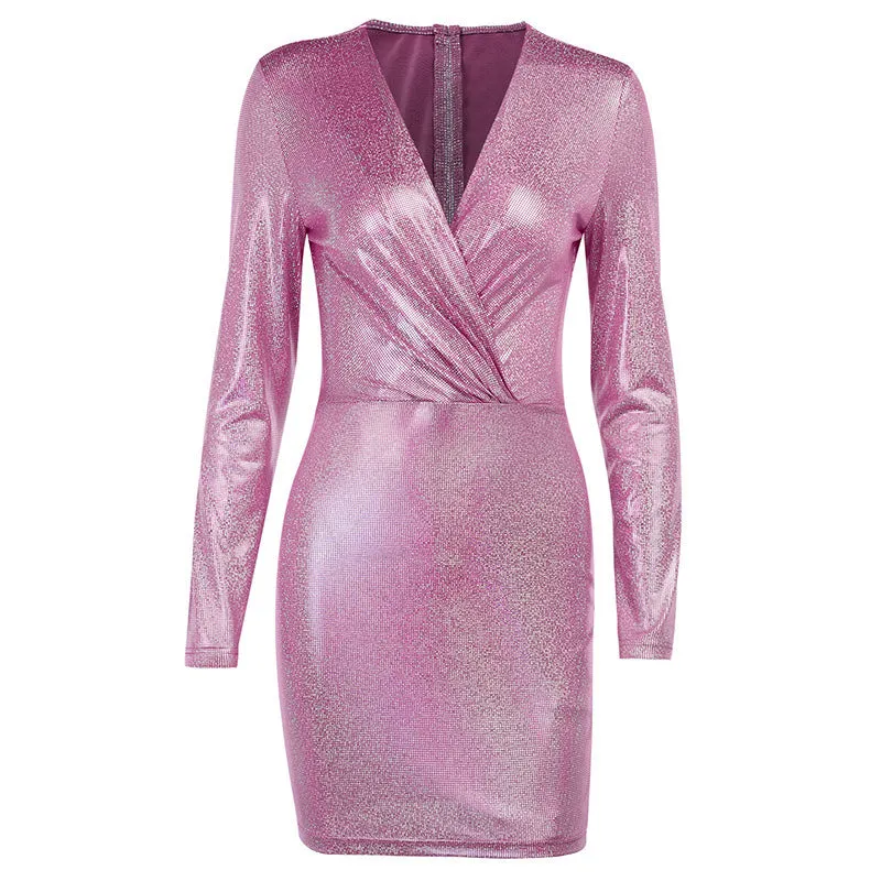 Women's Autumn V-Neck Ruched Elastic Shining Dress