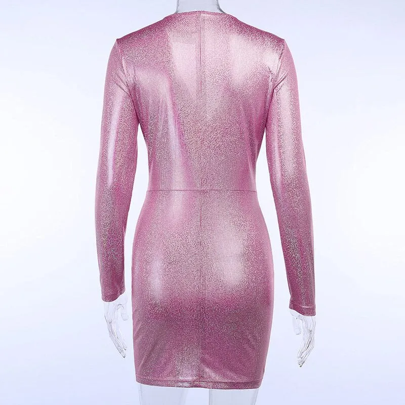 Women's Autumn V-Neck Ruched Elastic Shining Dress