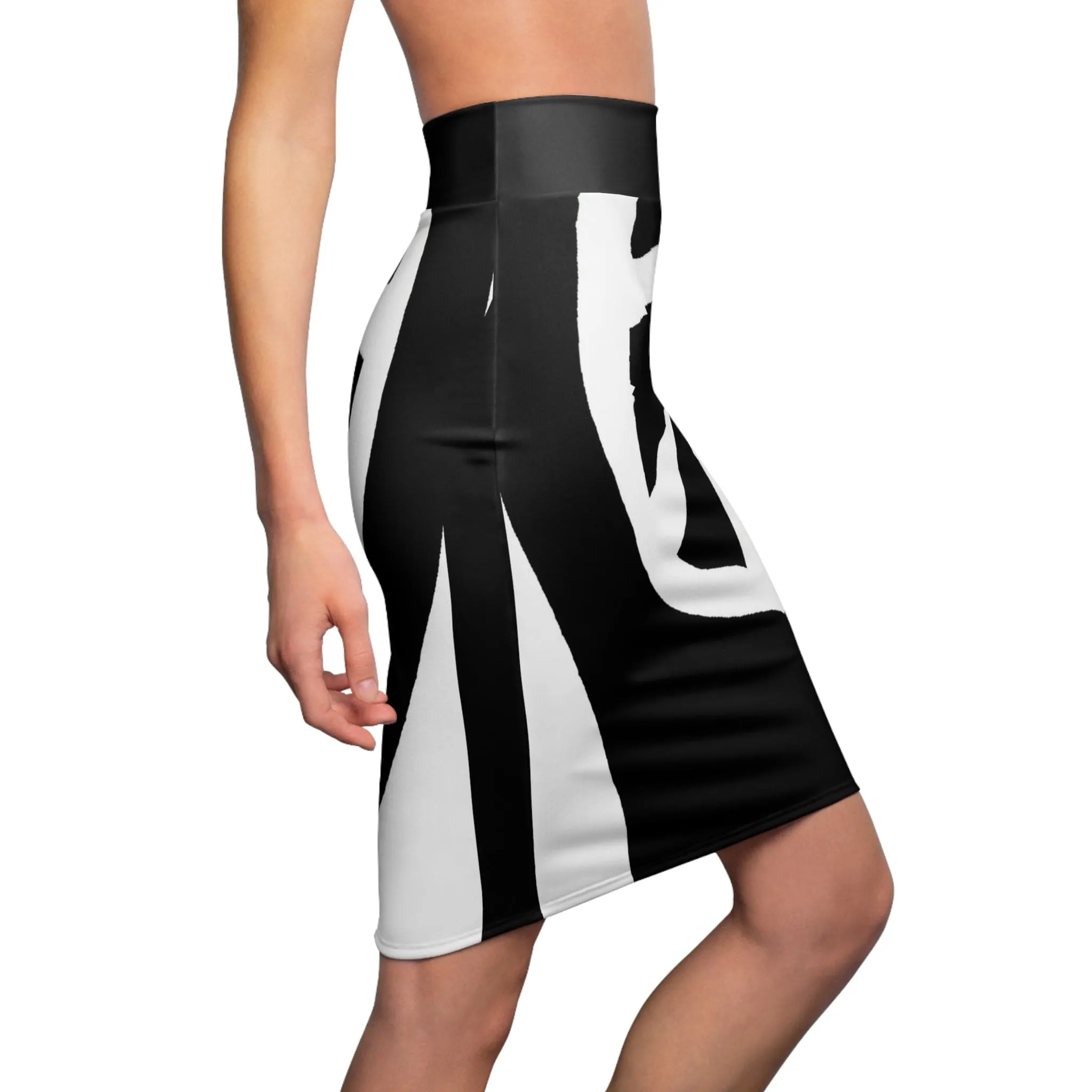 Womens Pencil Skirt - Black and White Geometric Pattern