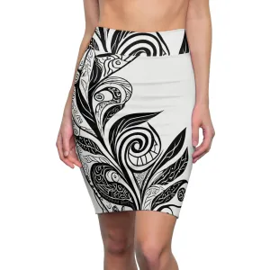Womens Pencil Skirt - Floral Black Line Art Print 54615
