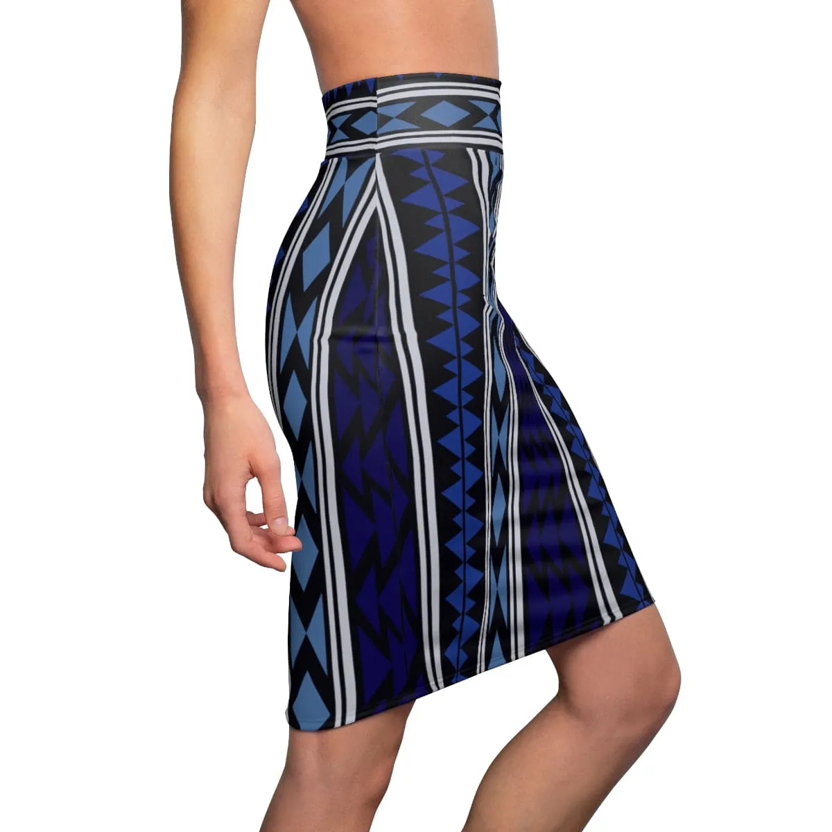 Womens Pencil Skirt - High Waist Stretch - Blue Aztec