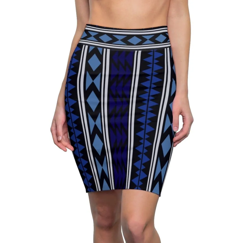 Womens Pencil Skirt - High Waist Stretch - Blue Aztec