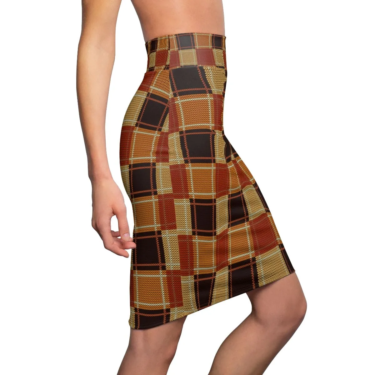 Womens Pencil Skirt - High Waist Stretch - Checker Brown