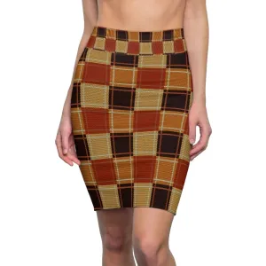 Womens Pencil Skirt - High Waist Stretch - Checker Brown