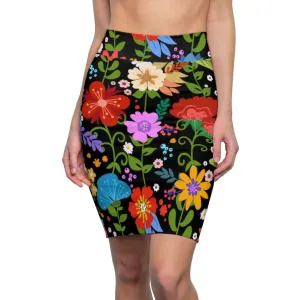 Womens Pencil Skirt - High Waist Stretch - Multicolor Floral Print - Black