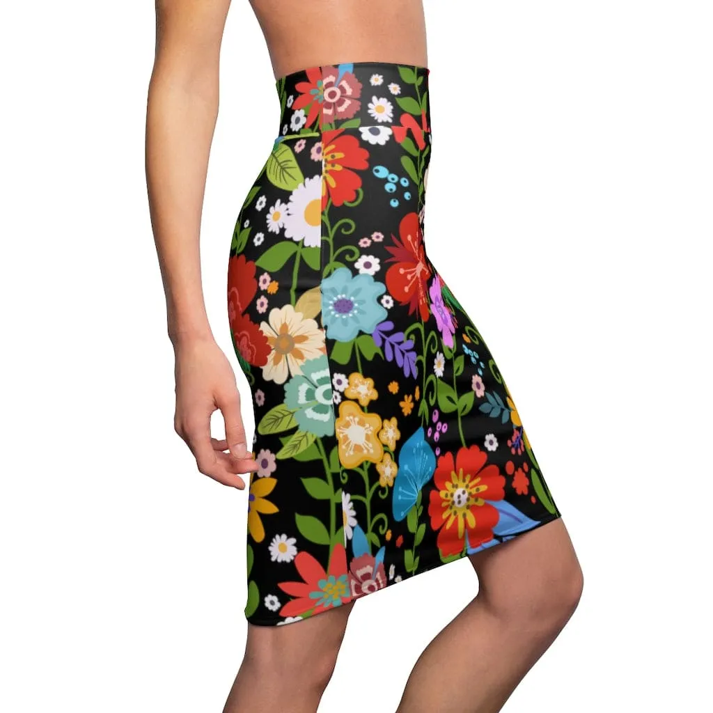 Womens Pencil Skirt - High Waist Stretch - Multicolor Floral Print - Black
