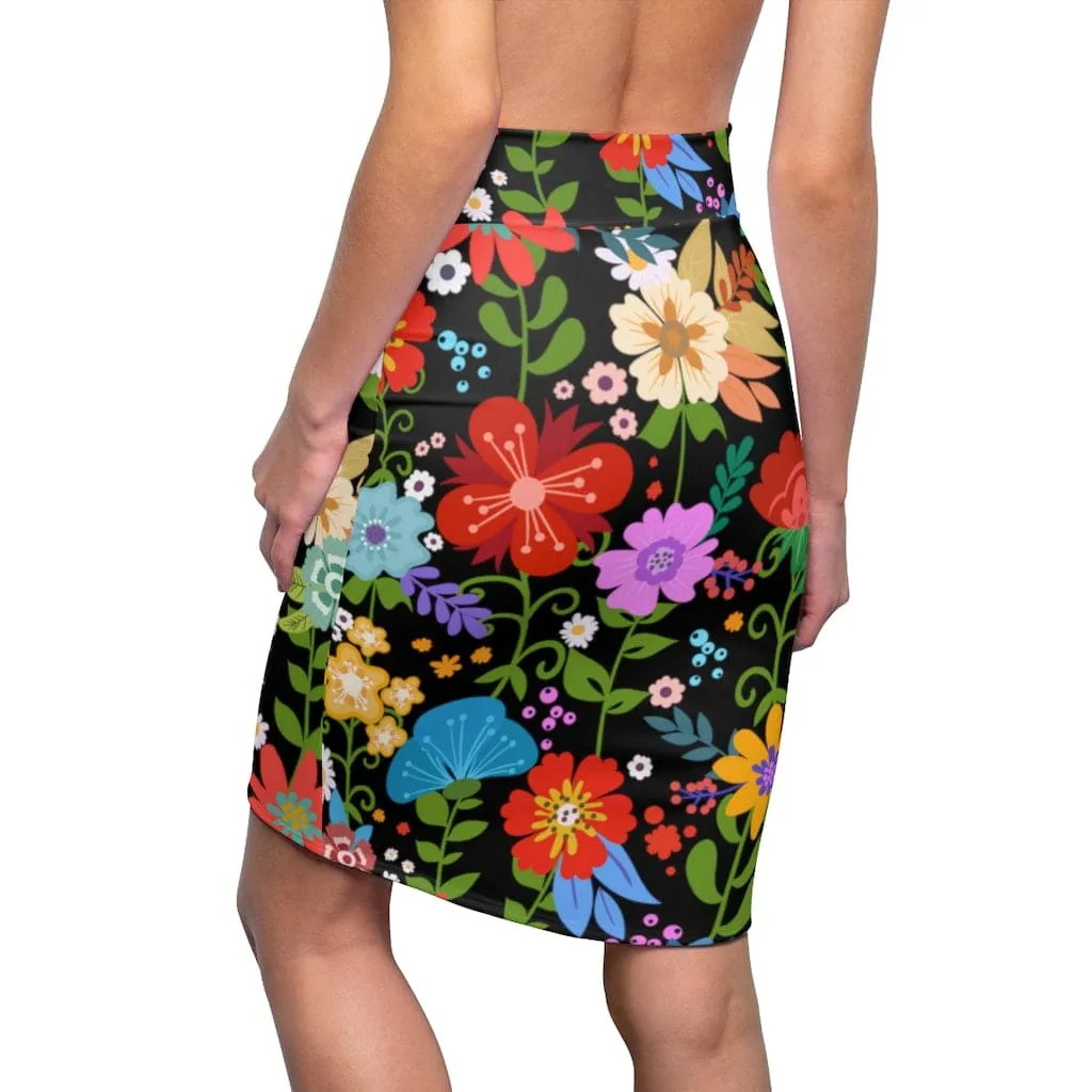 Womens Pencil Skirt - High Waist Stretch - Multicolor Floral Print - Black