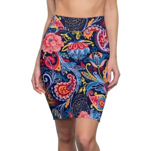 Womens Pencil Skirt - High Waist Stretch - Multicolor Floral Print S19337