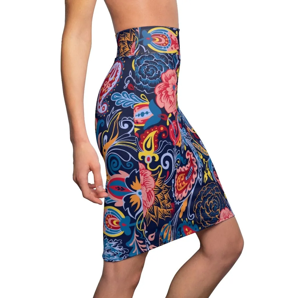 Womens Pencil Skirt - High Waist Stretch - Multicolor Floral Print S19337
