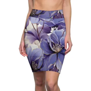 Womens Pencil Skirt - Purple and Violet Botanical Blooms: Floral Illustration