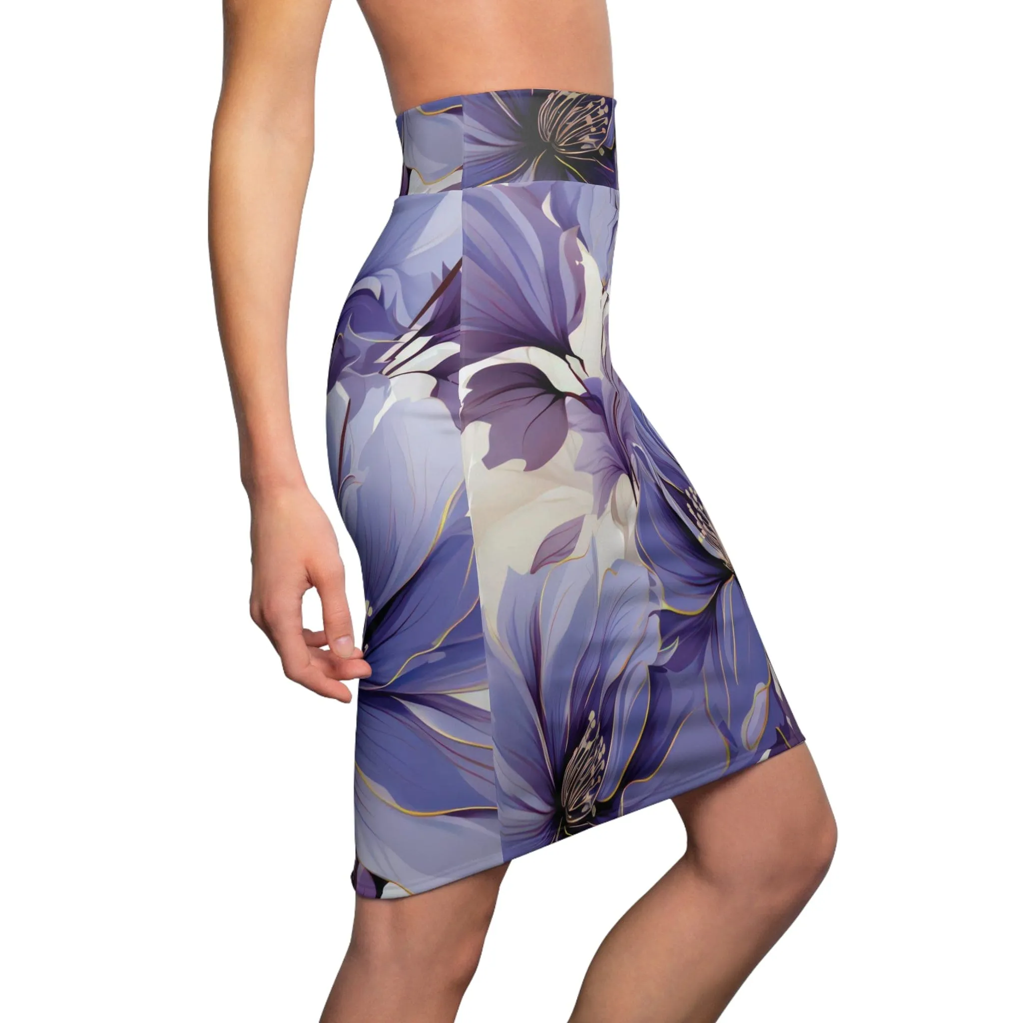 Womens Pencil Skirt - Purple and Violet Botanical Blooms: Floral Illustration