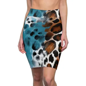 Womens Pencil Skirt - Rustic Blue and Brown Spotted Illustration