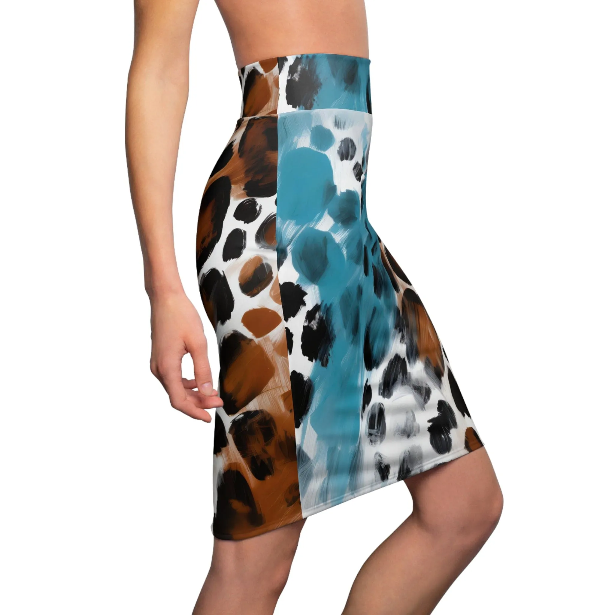 Womens Pencil Skirt - Rustic Blue and Brown Spotted Illustration
