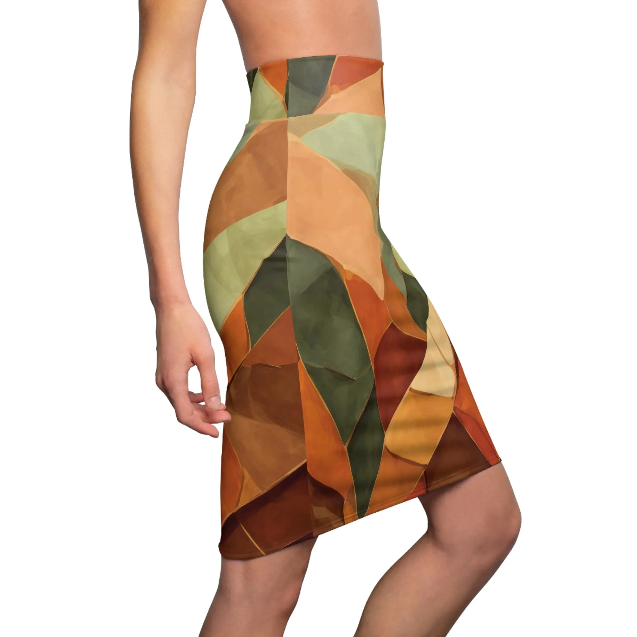 Womens Pencil Skirt - Rustic Red Amber Peach Olive Green Geometric Illustration