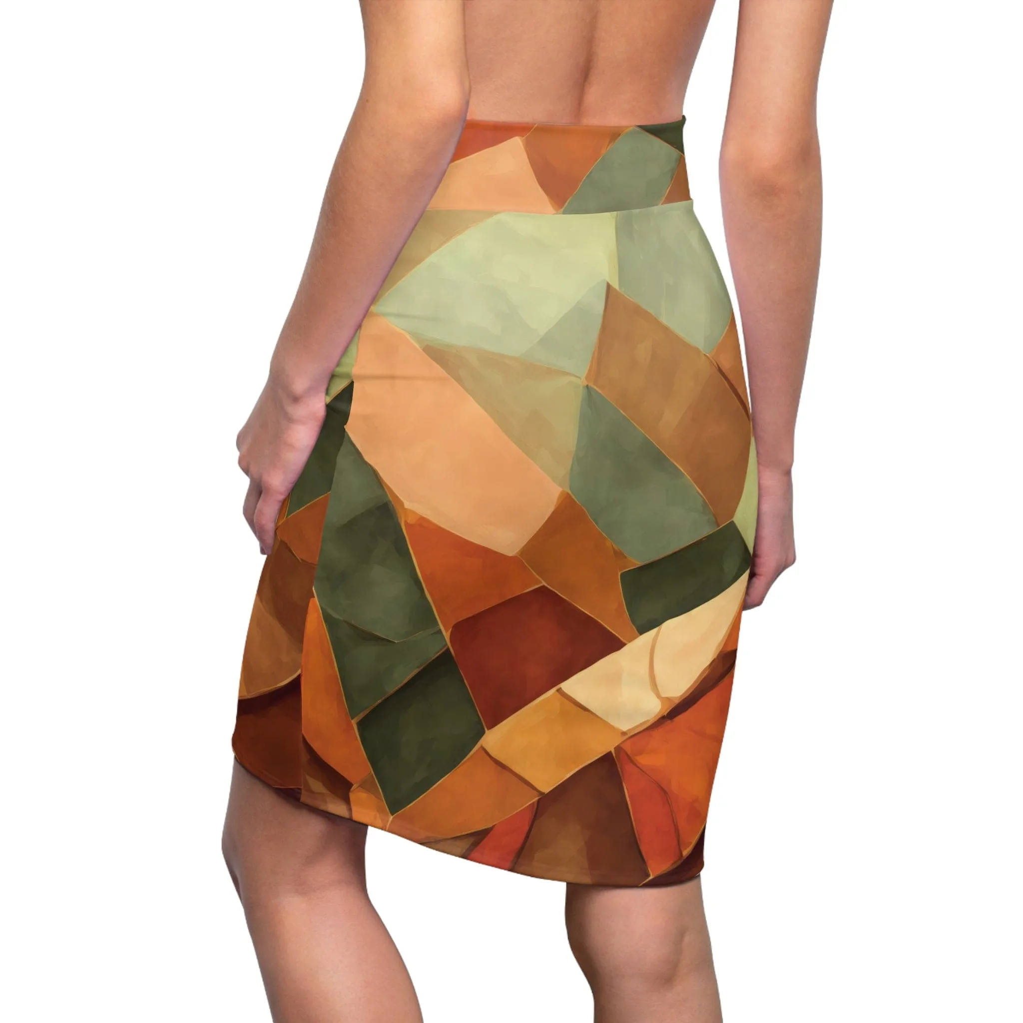 Womens Pencil Skirt - Rustic Red Amber Peach Olive Green Geometric Illustration