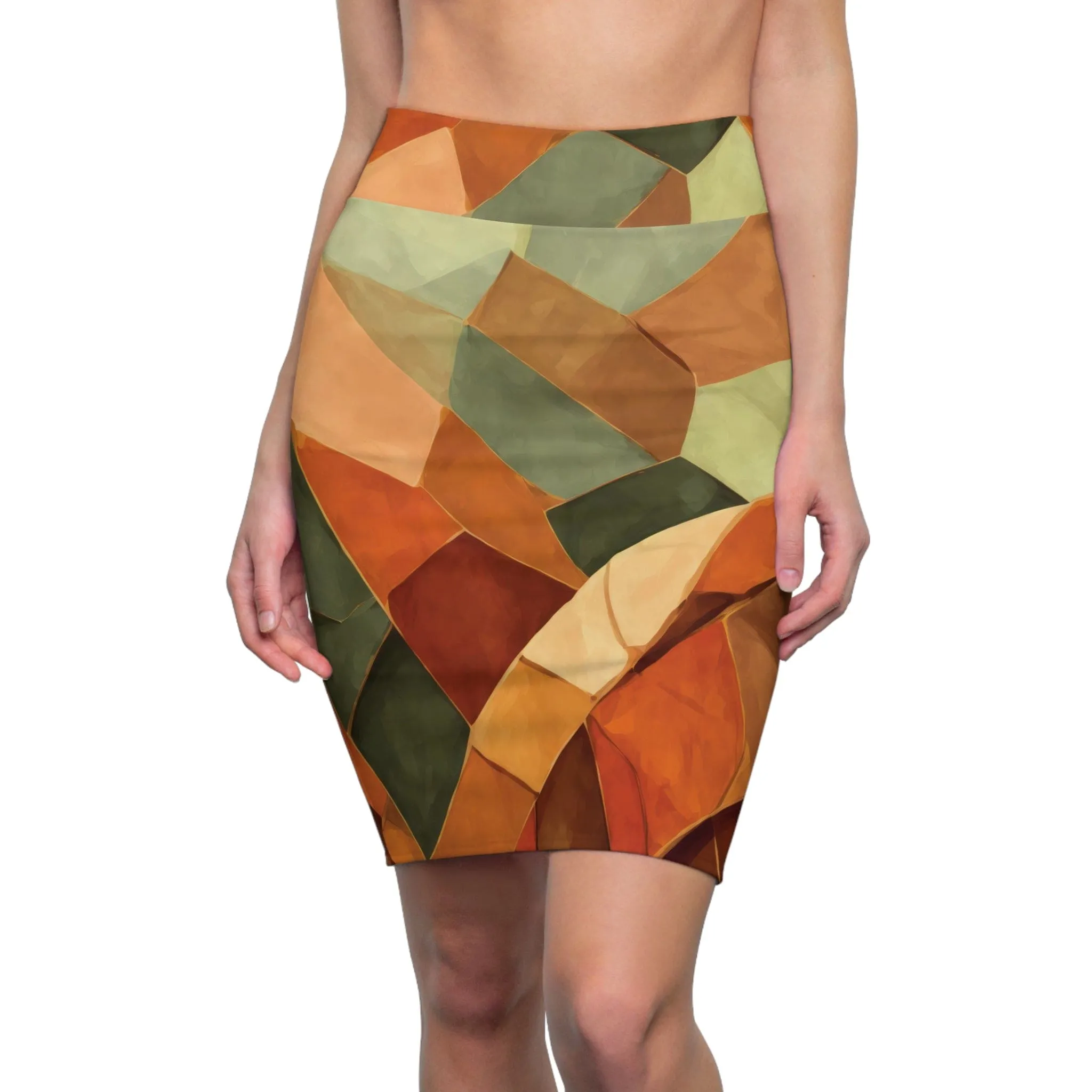 Womens Pencil Skirt - Rustic Red Amber Peach Olive Green Geometric Illustration