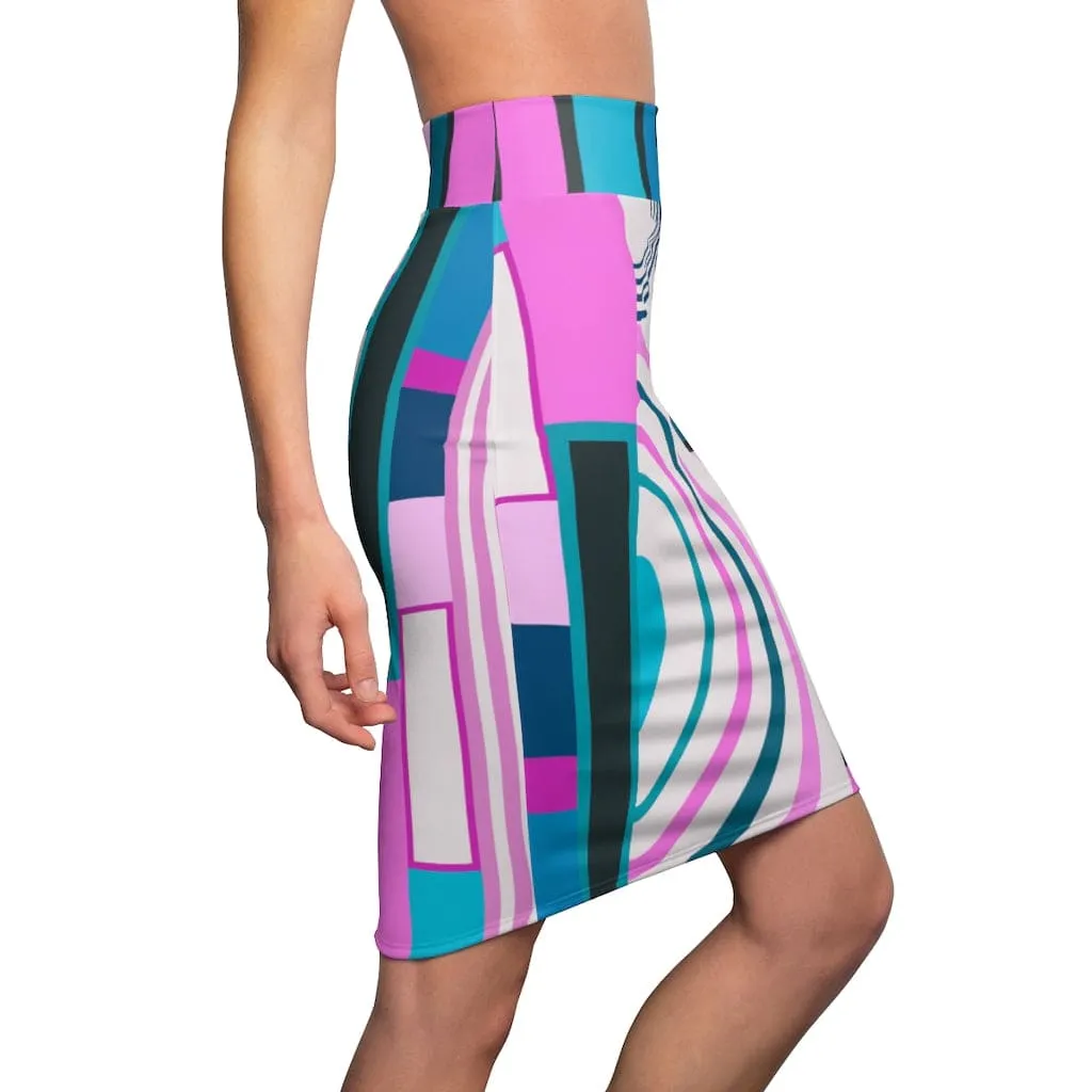Womens Skirt - Pink and Blue High Waist Pencil Skirt - S19817