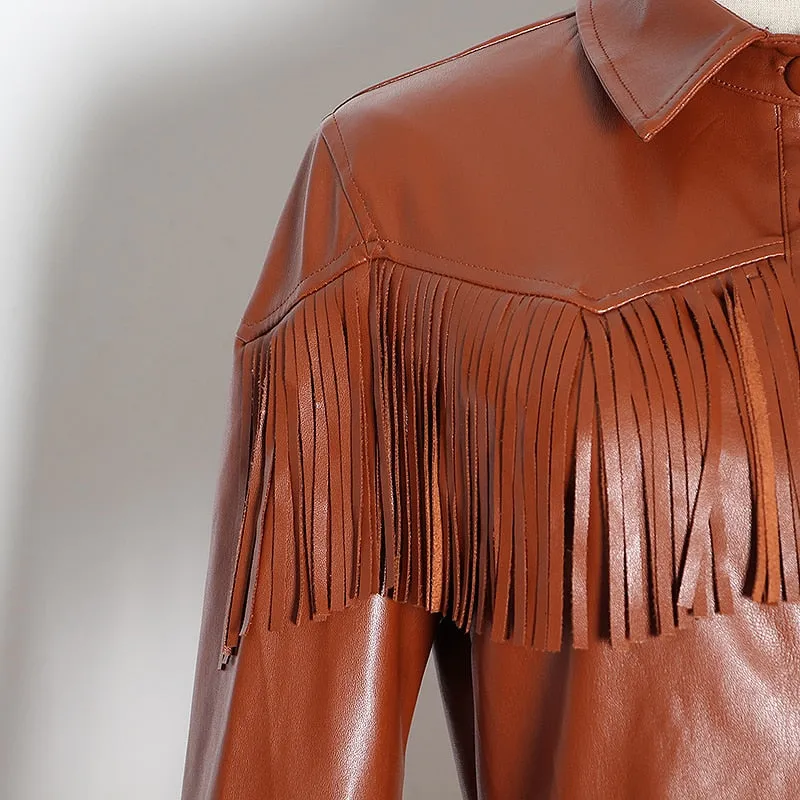 Women's Spring Casual PU Leather High-Waist Dress With Tassels