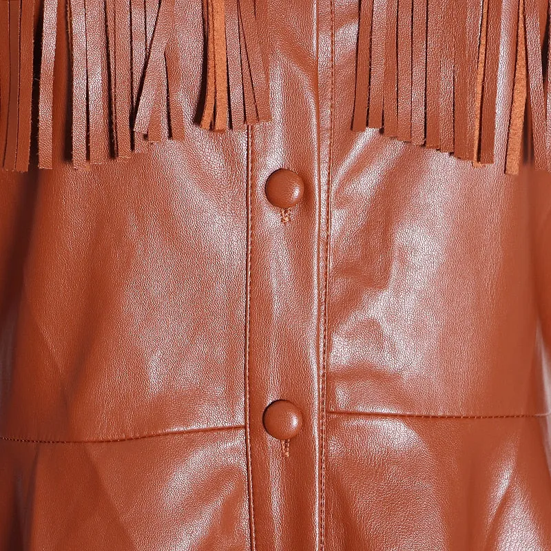 Women's Spring Casual PU Leather High-Waist Dress With Tassels
