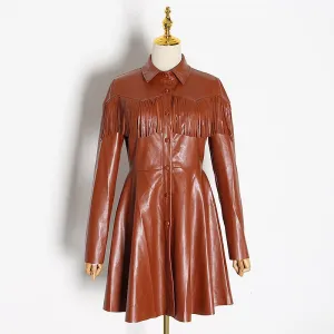 Women's Spring Casual PU Leather High-Waist Dress With Tassels