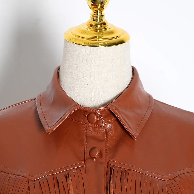 Women's Spring Casual PU Leather High-Waist Dress With Tassels