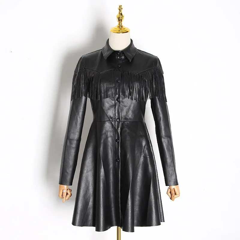 Women's Spring Casual PU Leather High-Waist Dress With Tassels