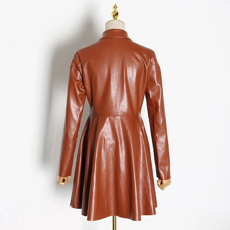 Women's Spring Casual PU Leather High-Waist Dress With Tassels