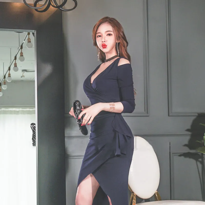 Women's Spring Polyester V-Neck Sheath Ruffled Dress
